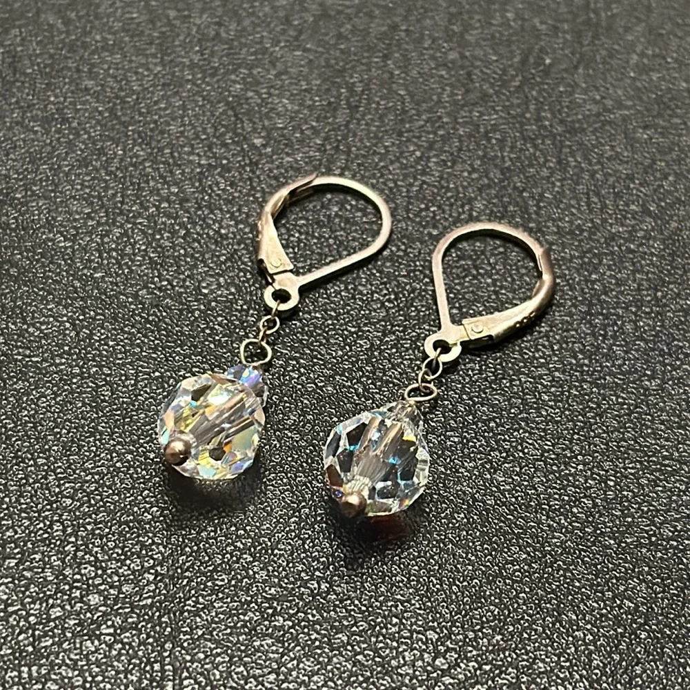 925 Silver Wire Hook Lever Back AB Clear Crystal Dangle Vintage Earrings